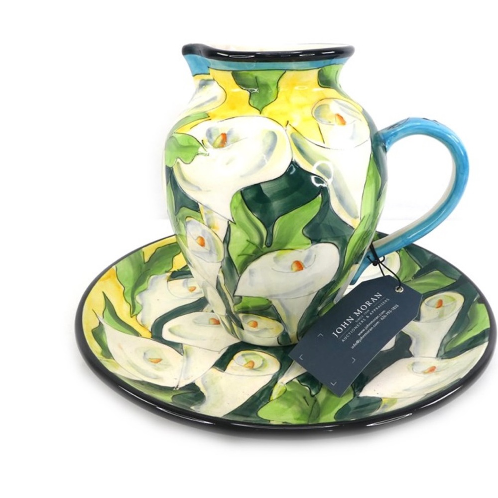 GANZ Hand-Painted Calla Lily Pitcher and Tray - Blue/Green/Yellow/White
